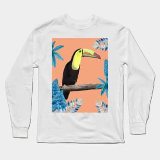 Toucan with tropical leaves and coral background Long Sleeve T-Shirt
